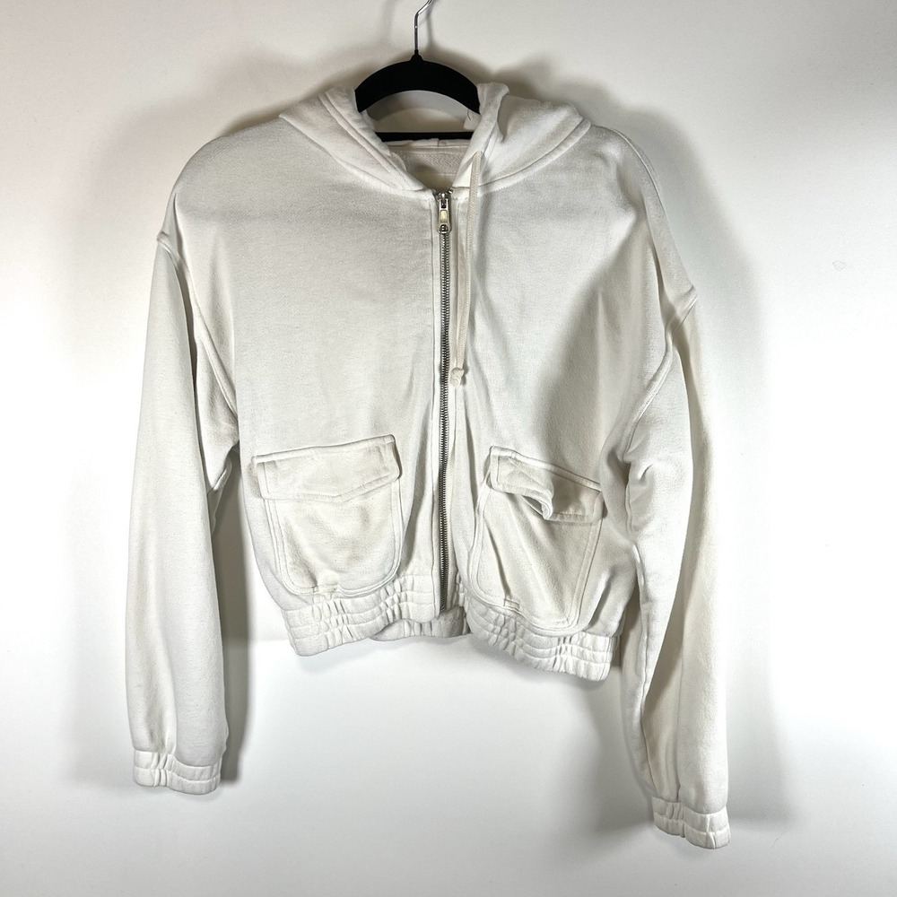 Aerie Womens Cropped Hoodie Sweatshirt Full Zip Pockets Size Medium White